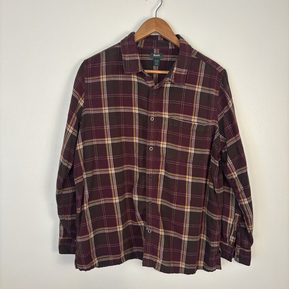 Roots Canada Womens XL Manning Flannel Plaid Button Up Burgundy Red 100% Cotton